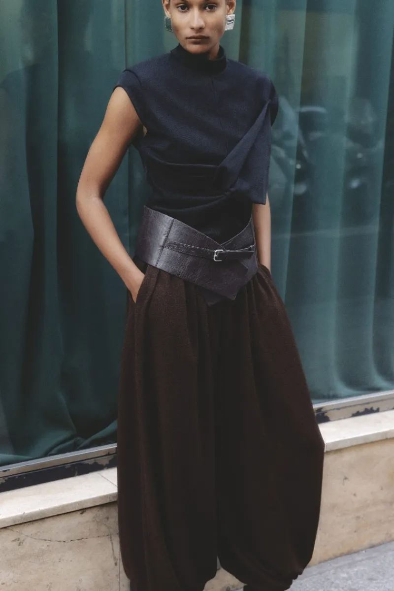 Pants-ROTATE Birger Christensen Balloon Pleated Pants Dark Brown Molé color