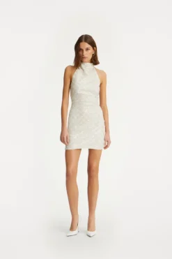 Bridal|Sequins-ROTATE Birger Christensen Beaded Halterneck Dress Creme White Egret color