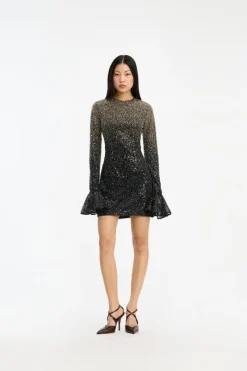 Sequins|Mini Dresses-ROTATE Birger Christensen Beaded Ls Mini Dress Brown Incense Comb. color