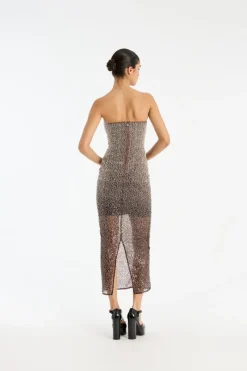 Sequins|Midi Dresses-ROTATE Birger Christensen Beaded Midi Tube Dress Brown Nougat Comb. color