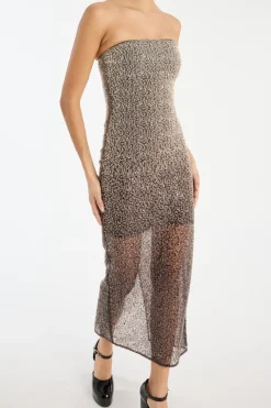 Sequins|Midi Dresses-ROTATE Birger Christensen Beaded Midi Tube Dress Brown Nougat Comb. color