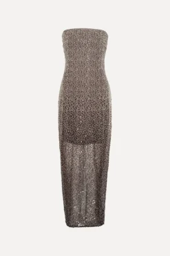 Sequins|Midi Dresses-ROTATE Birger Christensen Beaded Midi Tube Dress Brown Nougat Comb. color