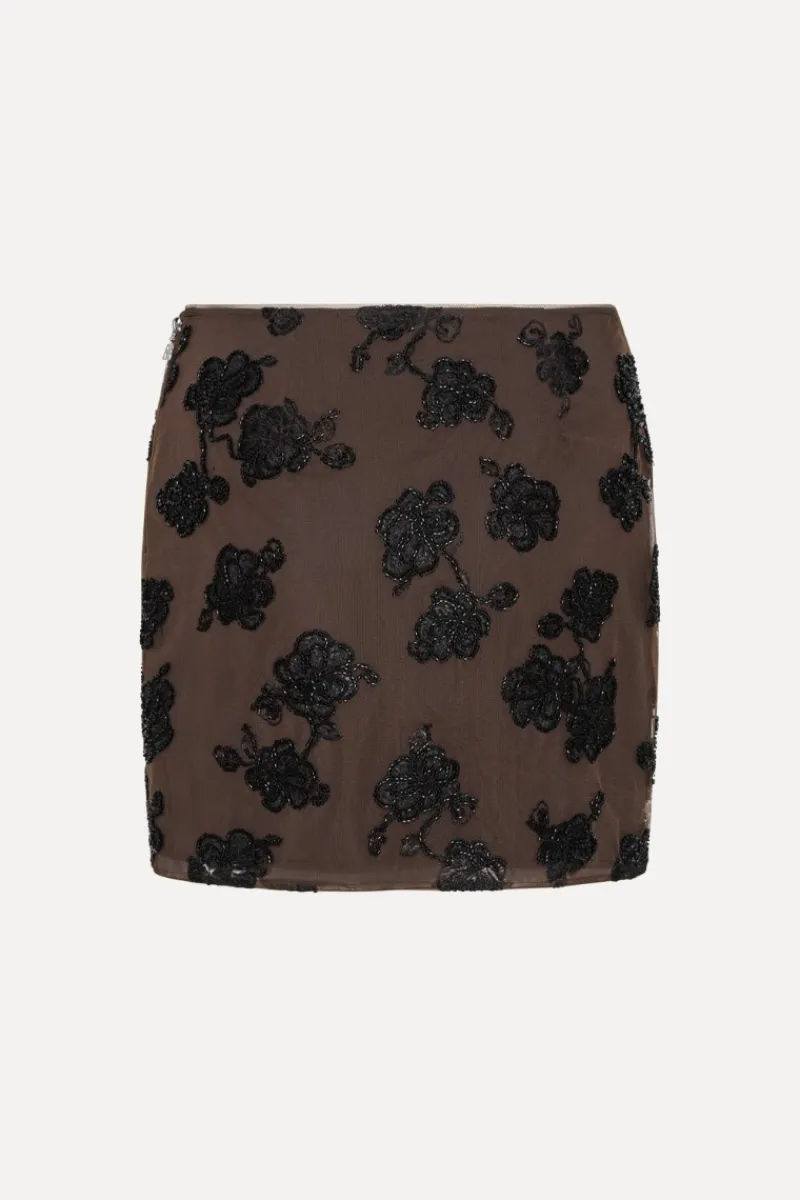 Skirts-ROTATE Birger Christensen Beaded Mini Skirt Dark Brown Molé Comb. color
