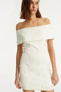 Bridal|Mini Dresses-ROTATE Birger Christensen Beaded Satin Mini Dress Creme White Egret color
