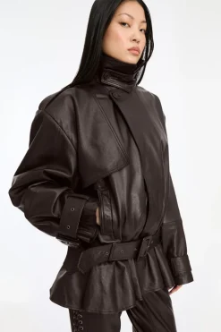 Outerwear-ROTATE Birger Christensen Biker Leather Jacket Dark Brown Molé color