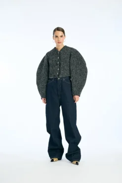 Tops|Outerwear-ROTATE Birger Christensen Boucle Short Jacket Dark Grey Gray Pinstripe color