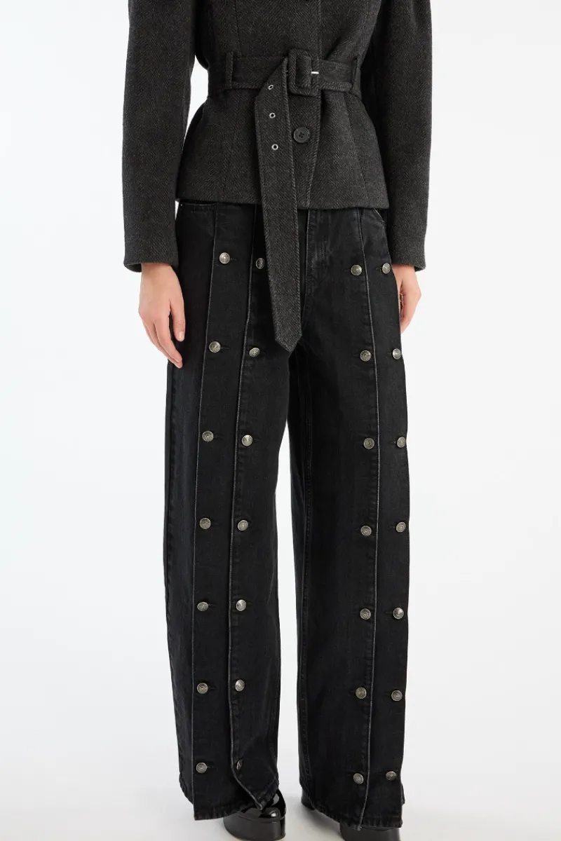 Pants-ROTATE Birger Christensen Button Detail Wide Jeans Black Black Denim color
