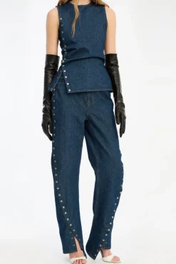 Pants-ROTATE Birger Christensen Buttoned Wide Leg Jeans Dark Blue Dark Blue color