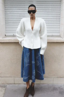 Knitwear|Tops-ROTATE Birger Christensen Cardigan W/ Peplum Creme Egret color