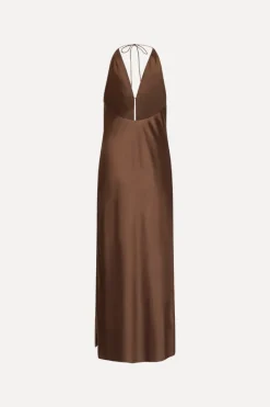 Midi Dresses|Dresses-ROTATE Birger Christensen Chiffon Halter Dress Dark Brown Potting Soil color