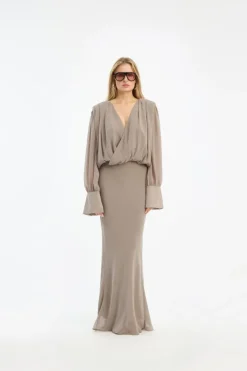 Maxi Dress|Dresses-ROTATE Birger Christensen Chiffon Ls Maxi Dress Taupe Driftwood color