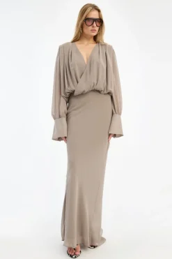 Maxi Dress|Dresses-ROTATE Birger Christensen Chiffon Ls Maxi Dress Taupe Driftwood color