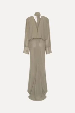 Maxi Dress|Dresses-ROTATE Birger Christensen Chiffon Ls Maxi Dress Taupe Driftwood color