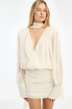 Mini Dresses|Dresses-ROTATE Birger Christensen Chiffon Ls V-neck Dress Creme Egret Comb. color