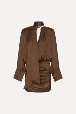 Mini Dresses|Dresses-ROTATE Birger Christensen Chiffon Ls V-neck Dress Dark Brown Potting Soil color