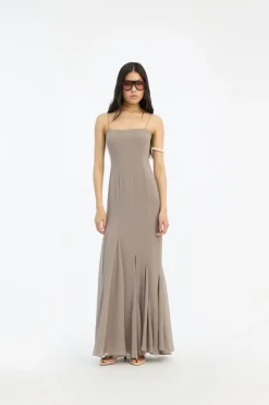 Maxi Dress|Dresses-ROTATE Birger Christensen Chiffon Maxi Strap Dress Taupe Driftwood color
