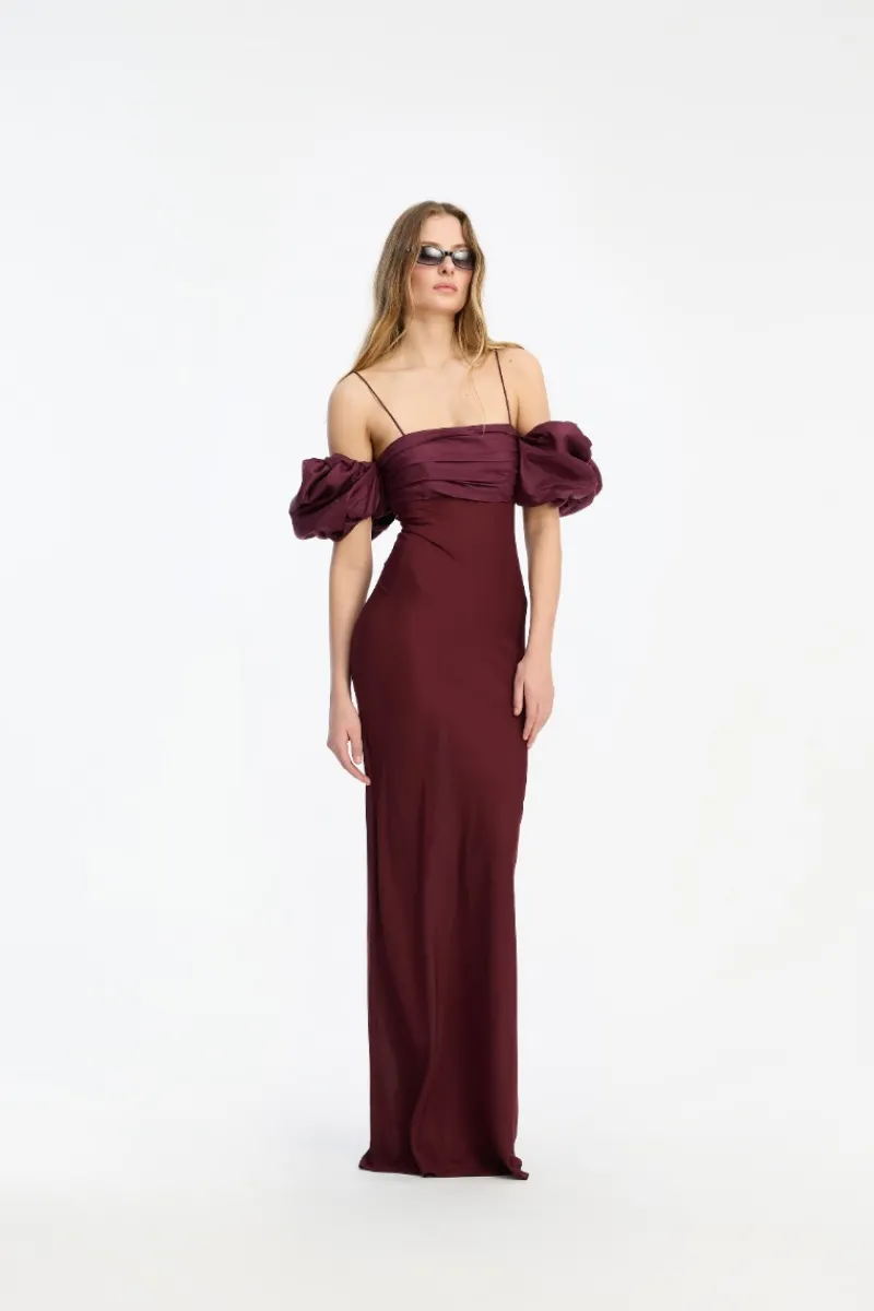 Dresses-ROTATE Birger Christensen Chiffon Puff Sleeve Dress Burgundy Zinfandelcolor