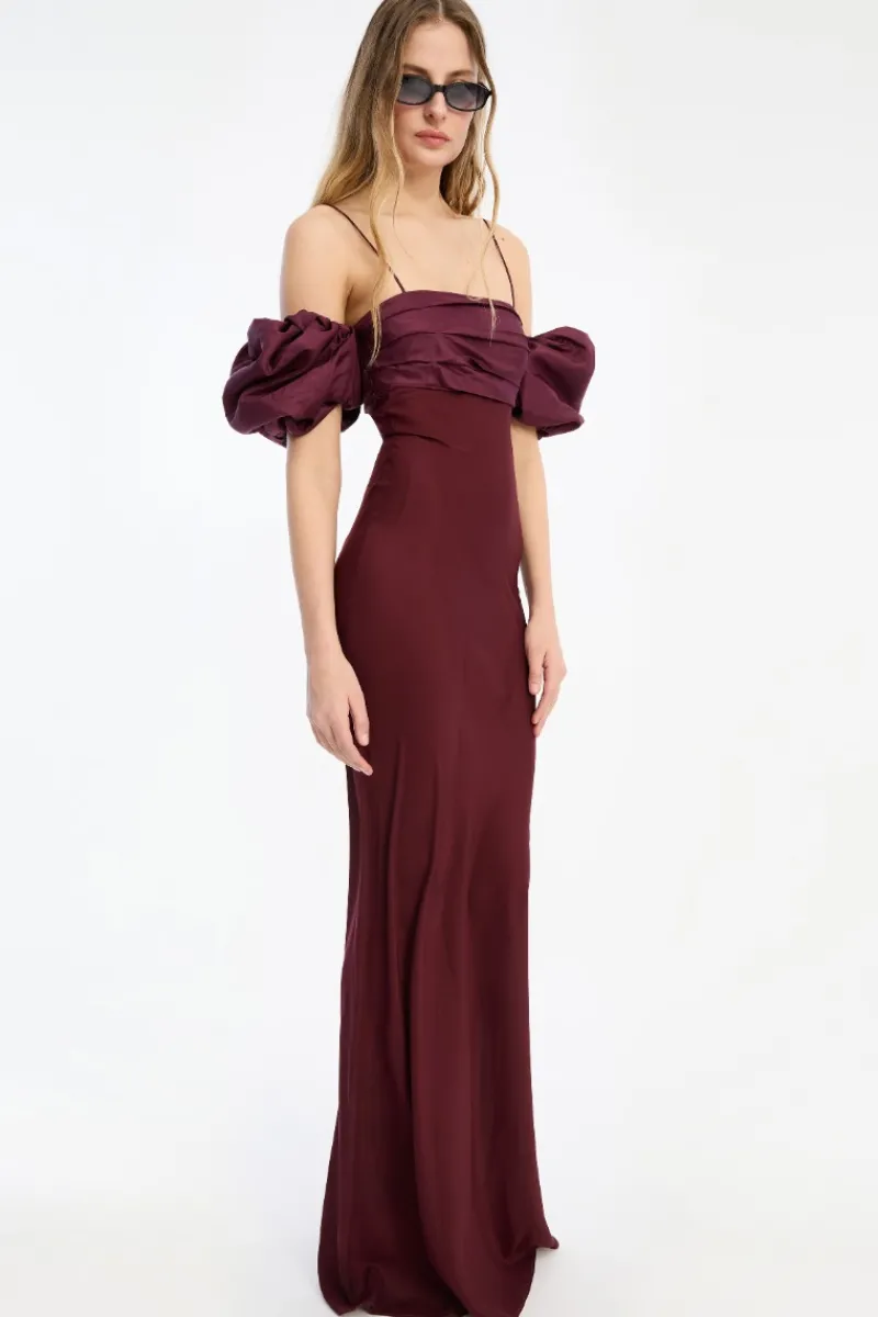 Dresses-ROTATE Birger Christensen Chiffon Puff Sleeve Dress Burgundy Zinfandelcolor