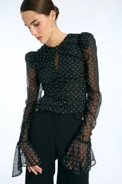 Tops-ROTATE Birger Christensen Chiffon Ruched Ls Top Black 1000 Black Comb. color
