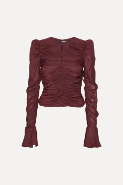 Tops-ROTATE Birger Christensen Chiffon Ruched Ls Top Burgundy Zinfandelcolor