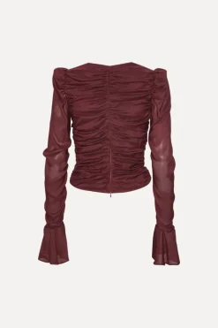 Tops-ROTATE Birger Christensen Chiffon Ruched Ls Top Burgundy Zinfandelcolor