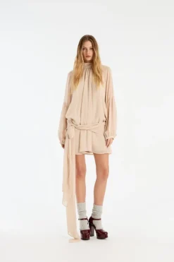 Mini Dresses|Dresses-ROTATE Birger Christensen Chiffon Strap Tie Dress Creme Nougat color