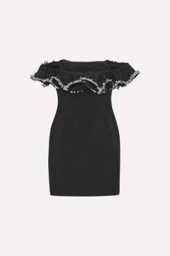 Mini Dresses-ROTATE Birger Christensen Crepe Mini Ruffle Dress Black Black color