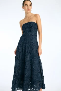 Midi Dresses|Dresses-ROTATE Birger Christensen 3d Lace Flared Midi Dress Dark Blue Navy Blazer color