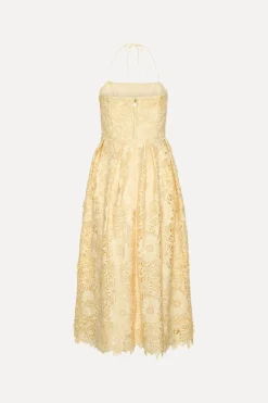Midi Dresses|Dresses-ROTATE Birger Christensen 3D Lace Flared Midi Dress Yellow Italian Straw color