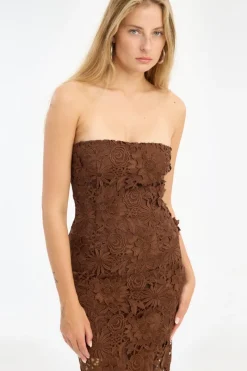 Midi Dresses|Dresses-ROTATE Birger Christensen 3D Lace Midi Dress Dark Brown Potting Soil color