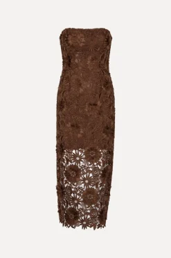 Midi Dresses|Dresses-ROTATE Birger Christensen 3D Lace Midi Dress Dark Brown Potting Soil color