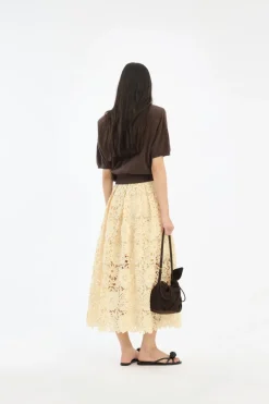 Skirts-ROTATE Birger Christensen 3D Lace Midi Skirt Yellow Italian Straw color