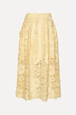 Skirts-ROTATE Birger Christensen 3D Lace Midi Skirt Yellow Italian Straw color
