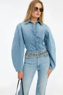 Tops-ROTATE Birger Christensen Denim Fitted Shirt Light Blue Denim Light Blue Denim color