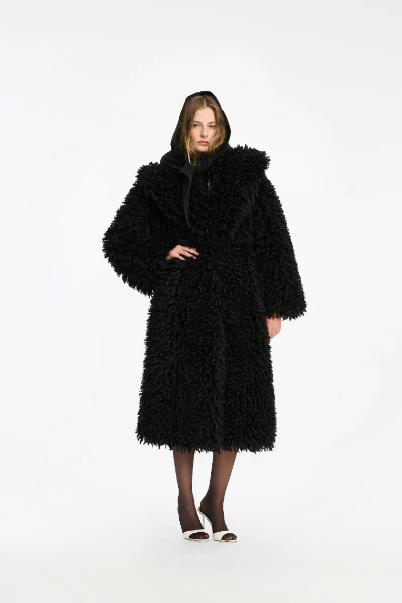 Outerwear-ROTATE Birger Christensen Faux Fur Belted Coat Black Black color