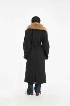 Outerwear-ROTATE Birger Christensen Faux Fur Collar Long Coat Dark Grey Gray Pinstripe color