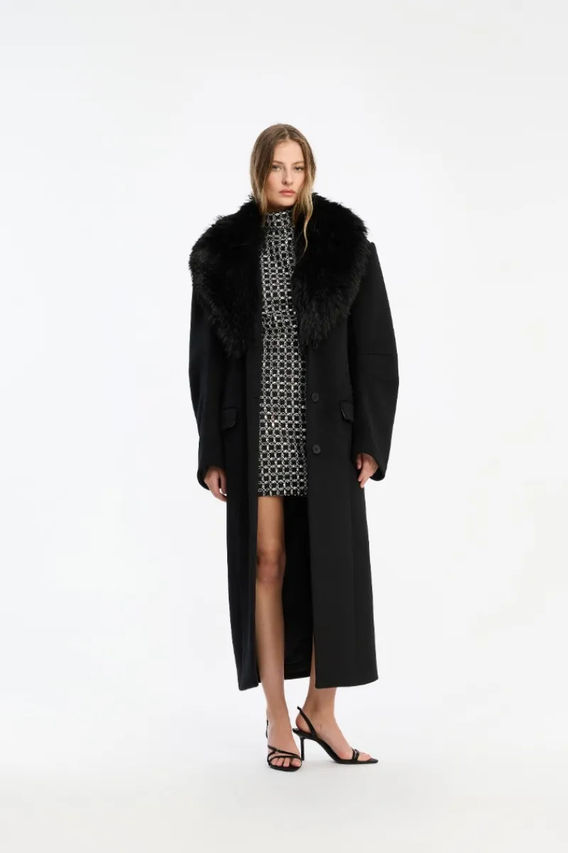 Outerwear-ROTATE Birger Christensen Faux Fur Collar Long Coat Black Black color