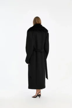 Outerwear-ROTATE Birger Christensen Faux Fur Collar Long Coat Black Black color