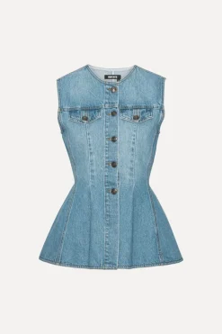 Tops-ROTATE Birger Christensen Flared Denim Top Blue Hydrangea (Blue) color