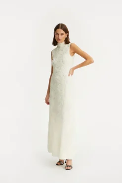 Bridal|Maxi Dress-ROTATE Birger Christensen Flower Mesh Maxi Dress Creme White Egret color