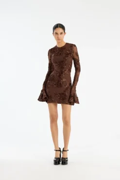 Mini Dresses|Dresses-ROTATE Birger Christensen Flower Mesh Mini Dress Dark Brown CHICORY COFFEE color