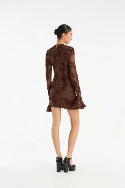 Mini Dresses|Dresses-ROTATE Birger Christensen Flower Mesh Mini Dress Dark Brown CHICORY COFFEE color
