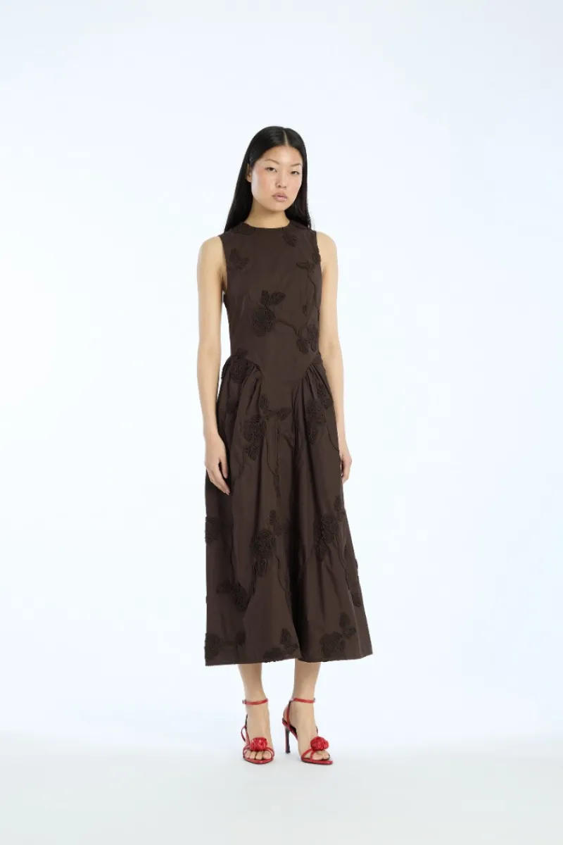 Maxi Dress|Dresses-ROTATE Birger Christensen Flower Midi Dress Dark Brown Molé color