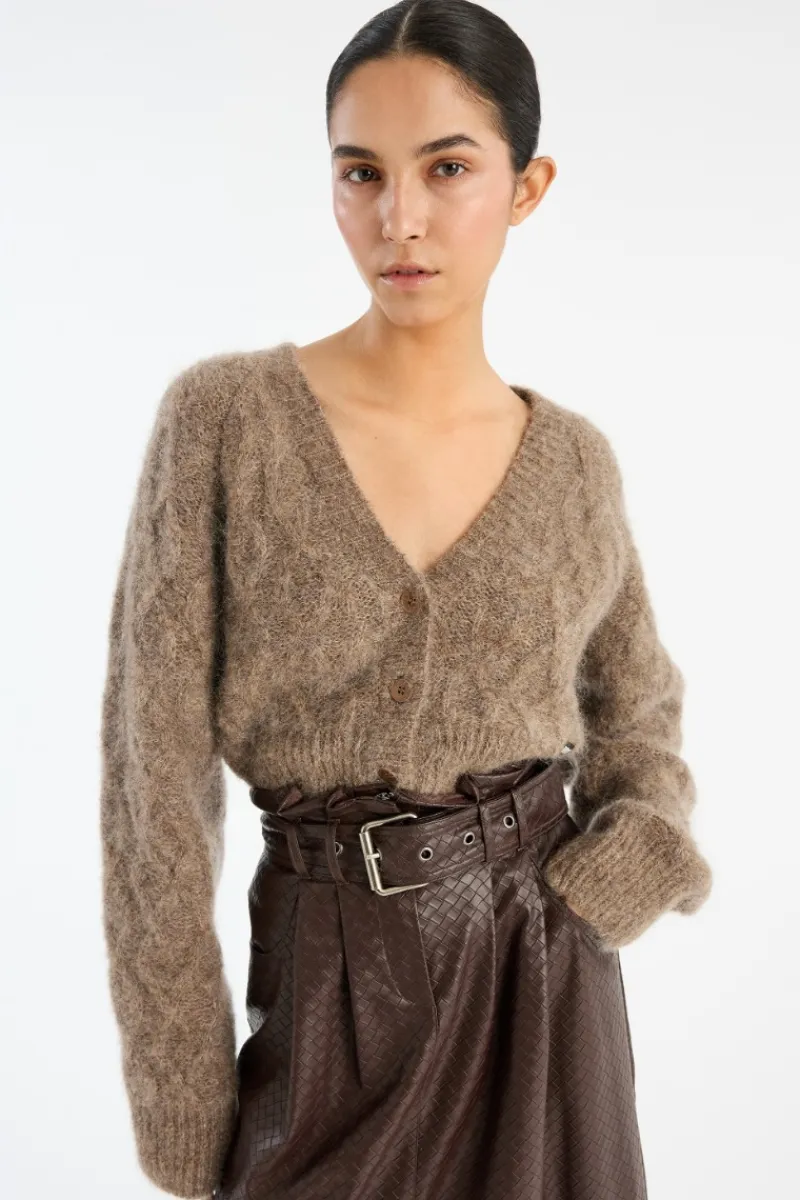 Knitwear|Tops-ROTATE Birger Christensen Fluffy Knit Cardigan Brown Pine Bark color