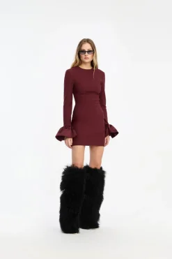 Mini Dresses|Dresses-ROTATE Birger Christensen Frill Sleeved Mini Dress Burgundy Zinfandelcolor