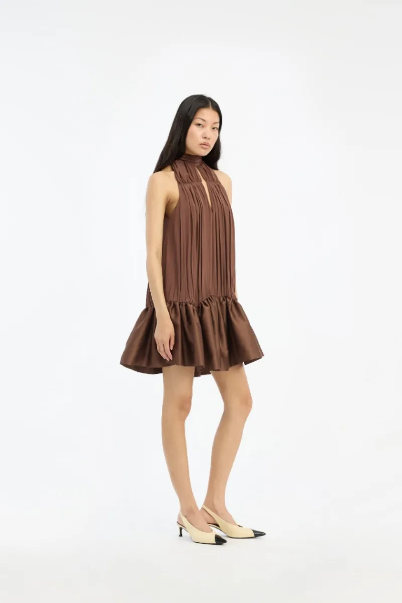 Mini Dresses|Dresses-ROTATE Birger Christensen Gathered Mini Dress Dark Brown Potting Soil color