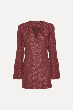 Mini Dresses|Dresses-ROTATE Birger Christensen Jacquard Blazer Dress Burgundy Zinfandelcolor