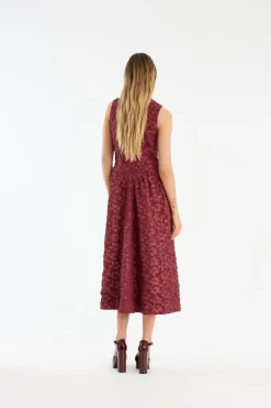 Midi Dresses|Dresses-ROTATE Birger Christensen Jacquard Midi Dress Burgundy Zinfandelcolor
