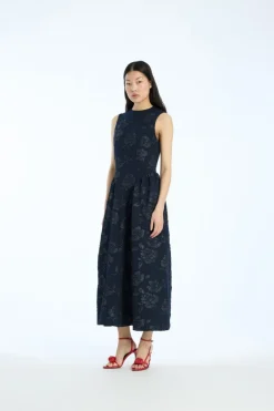 Midi Dresses|Dresses-ROTATE Birger Christensen Jacquard Midi Dress Dark Blue Sky Captain (Dark Blue) color