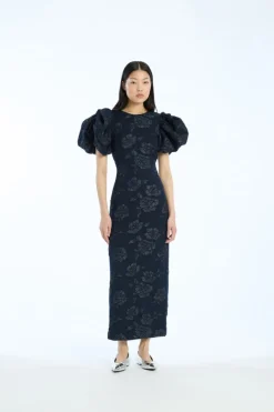 Midi Dresses|Dresses-ROTATE Birger Christensen Jacquard Midi Puff Dress Dark Blue Sky Captain (Dark Blue) color